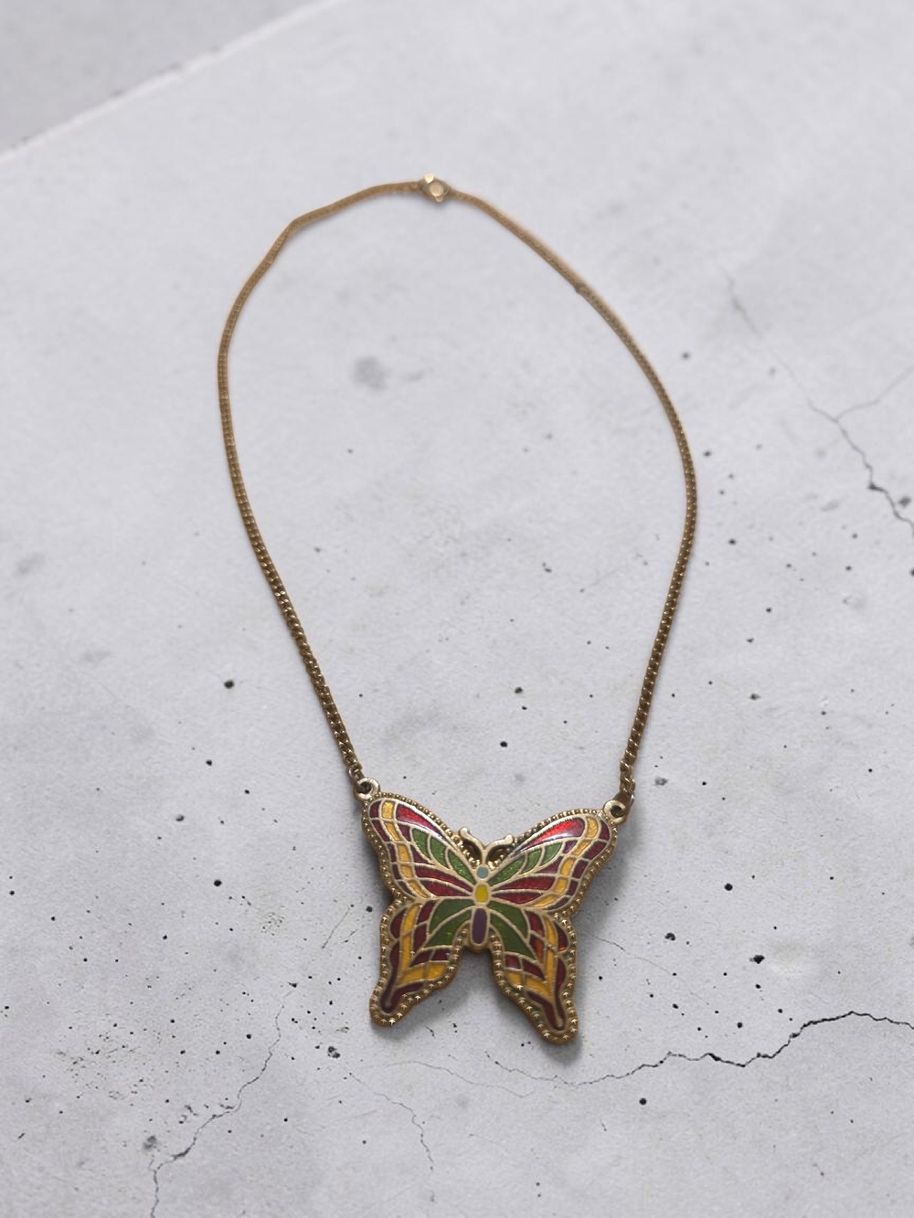 Sarah Coventry Cloisonne Gold Butterfly Necklace with Red, Green, Purple